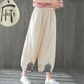  2023 Этнический стиль, Винтажные свободные шаровары, весенне-летние женские брюки, женские брюки с высокой талией, Хакама, повседневные Широкие брюки