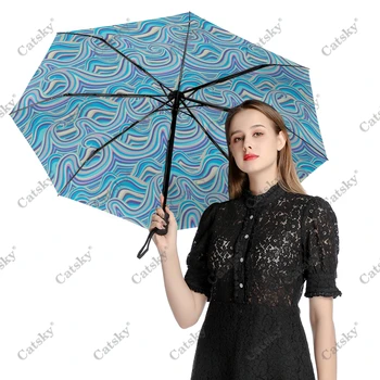  Японская волна, полностью автоматический трехстворчатый зонт с черным покрытием, Солнцезащитный зонтик от ультрафиолета, Женский зонтик от дождя