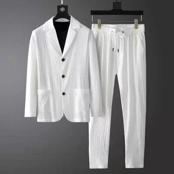  Новый модный костюм Мужской Весна-лето, повседневный костюм высокого класса с длинным рукавом, Корейский Тонкий Красивый комплект из двух предметов, Белый Черный блейзер, брюки