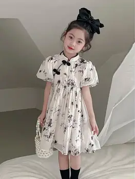  2023 лето Винтаж Принцесса стиль дети платье хлопка галстук-краситель пузырь рукавом cheongsam мягкая новая мода партия