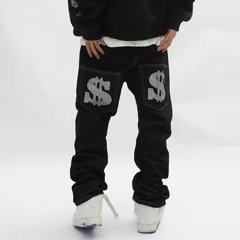 Джинсы для мужчин, уличные Прямые, свободные черные джинсы, универсальные брюки Y2k с принтом в стиле харадзюку в стиле хип-хоп, уличная одежда