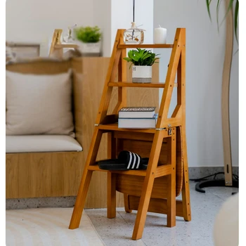  Многофункциональный 4-слойный стул-лестница из массива дерева, Складной табурет-лестница для дома, лестница для подъема в помещении, Деформированная четырехступенчатая лестница