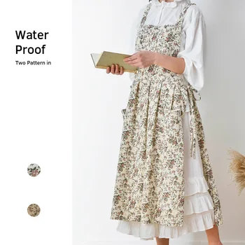  длинный корейский стиль, регулируемый водонепроницаемый хлопчатобумажный фартук без рукавов с цветочным принтом, фартук для отдыха, цветочная юбка с карманом