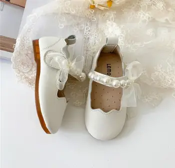  2023 Новые женские туфли принцессы с жемчугом на плоской подошве для маленьких девочек, Детские туфли с бантом, Весенне-осенний подарок на свадьбу