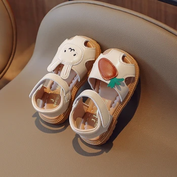  Новая летняя обувь для малышей, дети 2023, милые девочки-кролики, открытые носки, Универсальные Мягкие Корейские Детские сандалии на платформе для девочек Princess PU