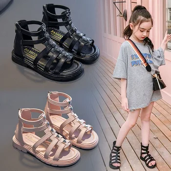  Римские сандалии для девочек, высокие туфли с заклепками, Летние розовые сандалии принцессы, детские сандалии-гладиаторы для детей 3-12 лет, уличные сандалии-гладиаторы