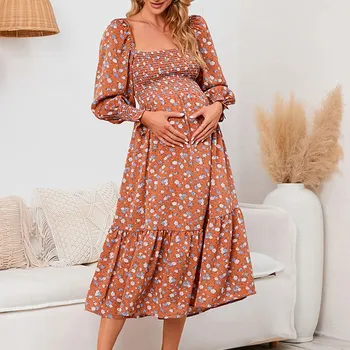  Весеннее шифоновое платье для беременных с цветочным принтом и длинными рукавами, платье для беременных, сексуальный реквизит для фотосъемки, Vestidos с квадратным вырезом