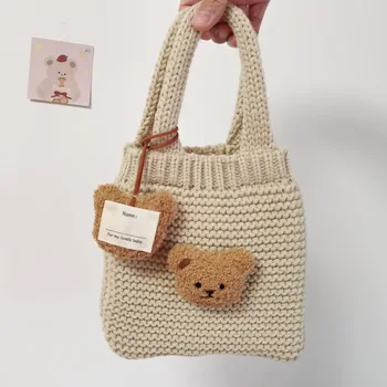  Детская вязаная сумочка с вышитым мишкой для женщин, повседневная легкая сумка-тоут через плечо, тканые сумки для покупок