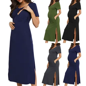  Женское Длинное платье с разрезом, V-образный вырез, короткий рукав, платье для беременных, кормления грудью, беременность, Однотонное платье для ежедневного кормления грудью, халат