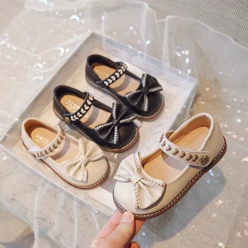  Вязаная Корейская кожаная обувь для девочек 2023, Четырехсезонные тонкие туфли с милым бантом, маленькие, средние и большие туфли принцессы