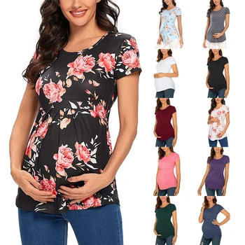  Женский повседневный топ с баской и короткими рукавами и цветочным принтом для беременных Great Mom на лето