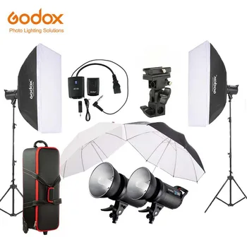  Бесплатная доставка DHL Godox 2шт Студийная вспышка DE300 + головка лампы + 2 шт подставка для света 2,8 м + 2 шт софтбокс + триггер + 2 шт зонтик + сумка