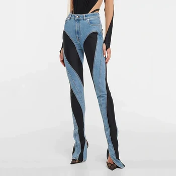  Сексуальные джинсы-скинни с высокой талией 2023, летняя новинка, модные брюки y2kwomen's, коллизионные цветные брюки сращивания