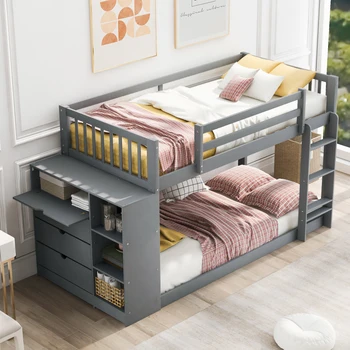  Двухъярусная кровать twin over Twin с прикрепленным шкафом и полками для хранения, спальня, гостевая спальня, серый