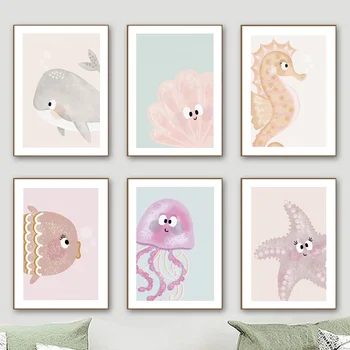  Картина маслом, модульная анимированная картина из китового панциря, рыбы, медузы, морские принты, украшения для дома, японские картины, живопись по номерам
