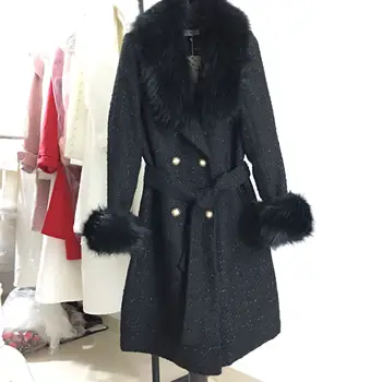  осенне-зимнее твидовое шерстяное пальто с небольшим ароматом, женское яркое шелковое двубортное пальто с тонким меховым воротником средней длины
