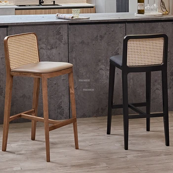  Барные стулья из ротанга в скандинавском стиле из массива дерева, Простая барная мебель в стиле ретро, Стойка регистрации, Креативные высокие табуреты, Современный барный стул со спинкой