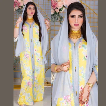  Новое платье сезона Рамадан Four Seasons с желтым низом, розовый темпераментный халат, женская мусульманская одежда для банкета, вечеринки в повседневном стиле