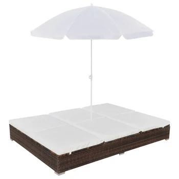  Шезлонг для патио из ПЭ ротанга с зонтиком, коричневый шезлонг из Поли ротанга с 2 съемными подушками и 1 зонтиком для 2 человек