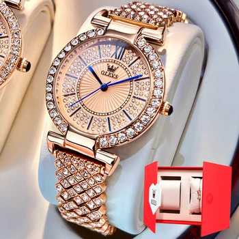  Женские наручные часы Olevs с бриллиантами и браслетом, 2 комплекта водонепроницаемых женских наручных часов из нержавеющей стали и розового золота в подарок