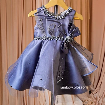  Роскошные Темно-синие платья для девочек в цветочек, жемчуг, Детские платья для дня рождения, Кружевные платья с аппликацией для малышей, Свадебные платья для гостей