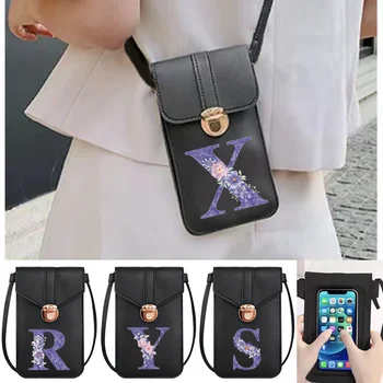  Женская сумка через плечо, сумка для мобильного телефона с сенсорным экраном, держатели карт, кошелек, сумка-мессенджер, роскошный дизайн, фиолетовый цветочный узор