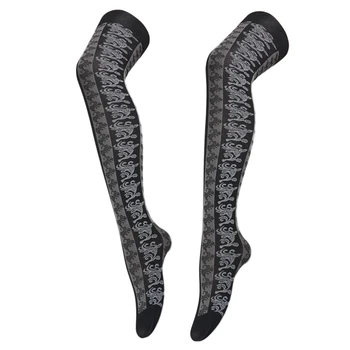  Женские чулки с винтажным принтом, летние черные длинные носки, дышащие тонкие эластичные женские обтягивающие высокие чулки