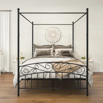  Металлический каркас кровати с балдахином на 4 стойки в винтажном стиле королевского размера [на складе в США]